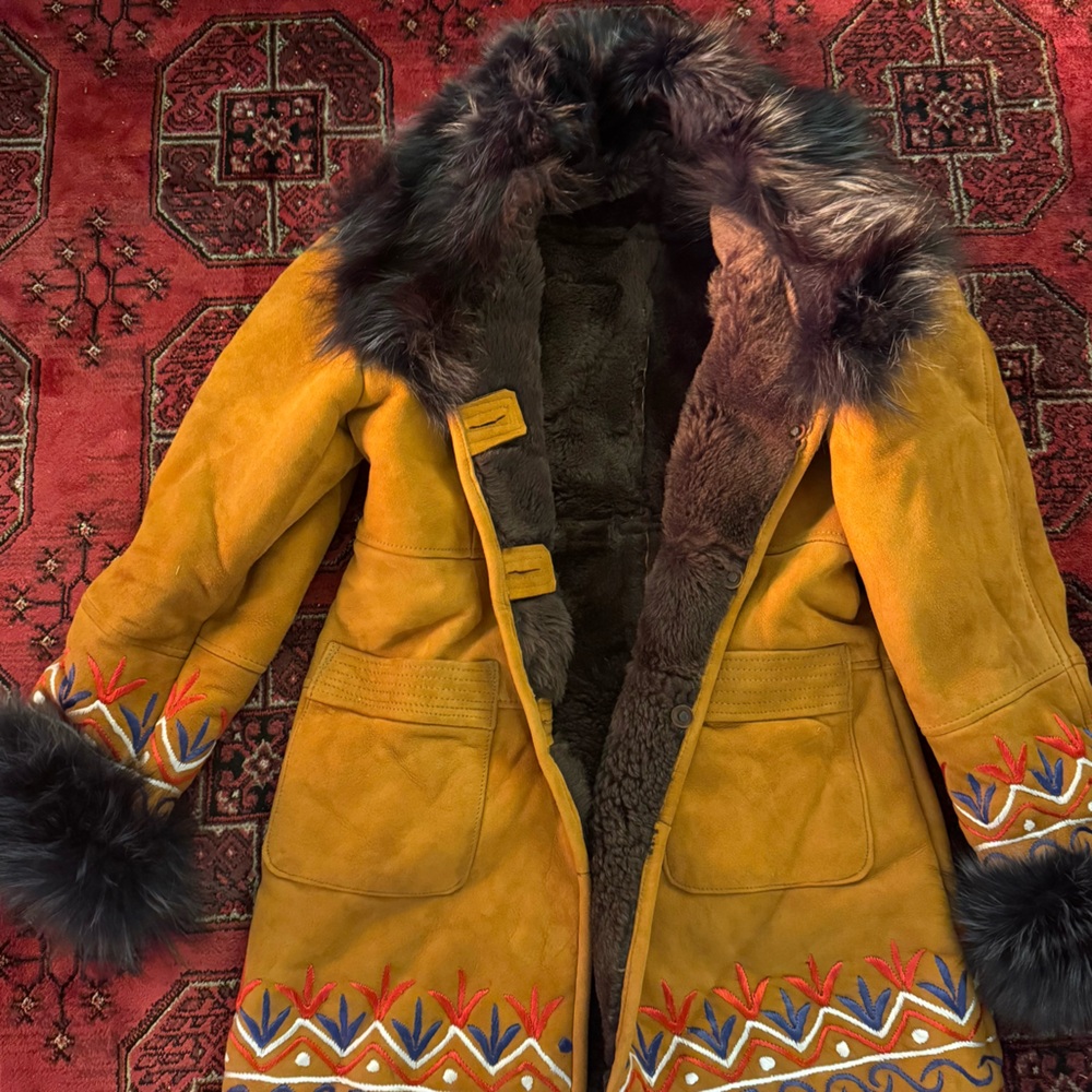 Women's Mustard Genuine Suede Shearling Coat with Real Fur Trim – Embroidered - Picture 1 of 6